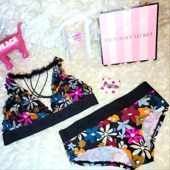 PINK Victoria's Secret Other - NWT 2PC PINK VICTORIA SECRET LACE HALTER BRA BOY SHORTS WILDFLOWER SET SMALL S